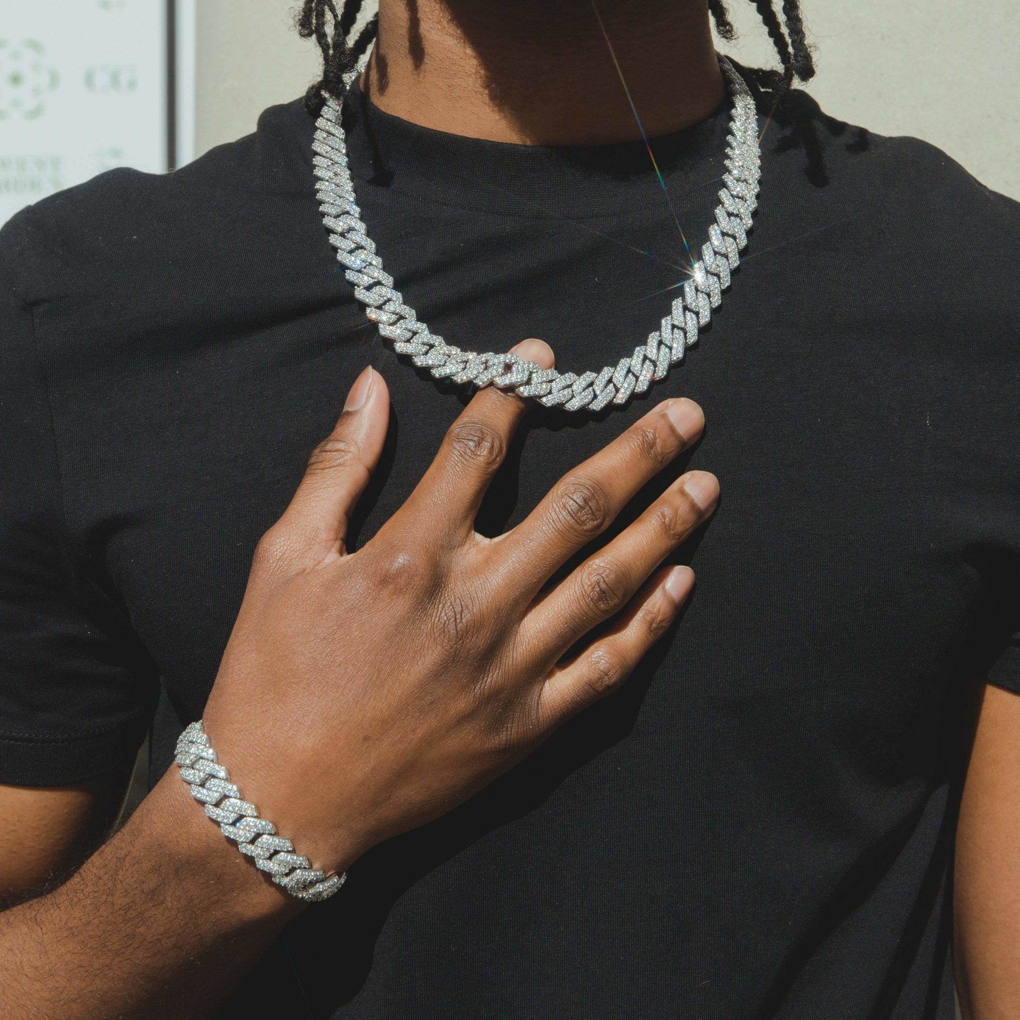 14mm Prong Link Chain + Bracelet Bundle - White Gold - Cernucci